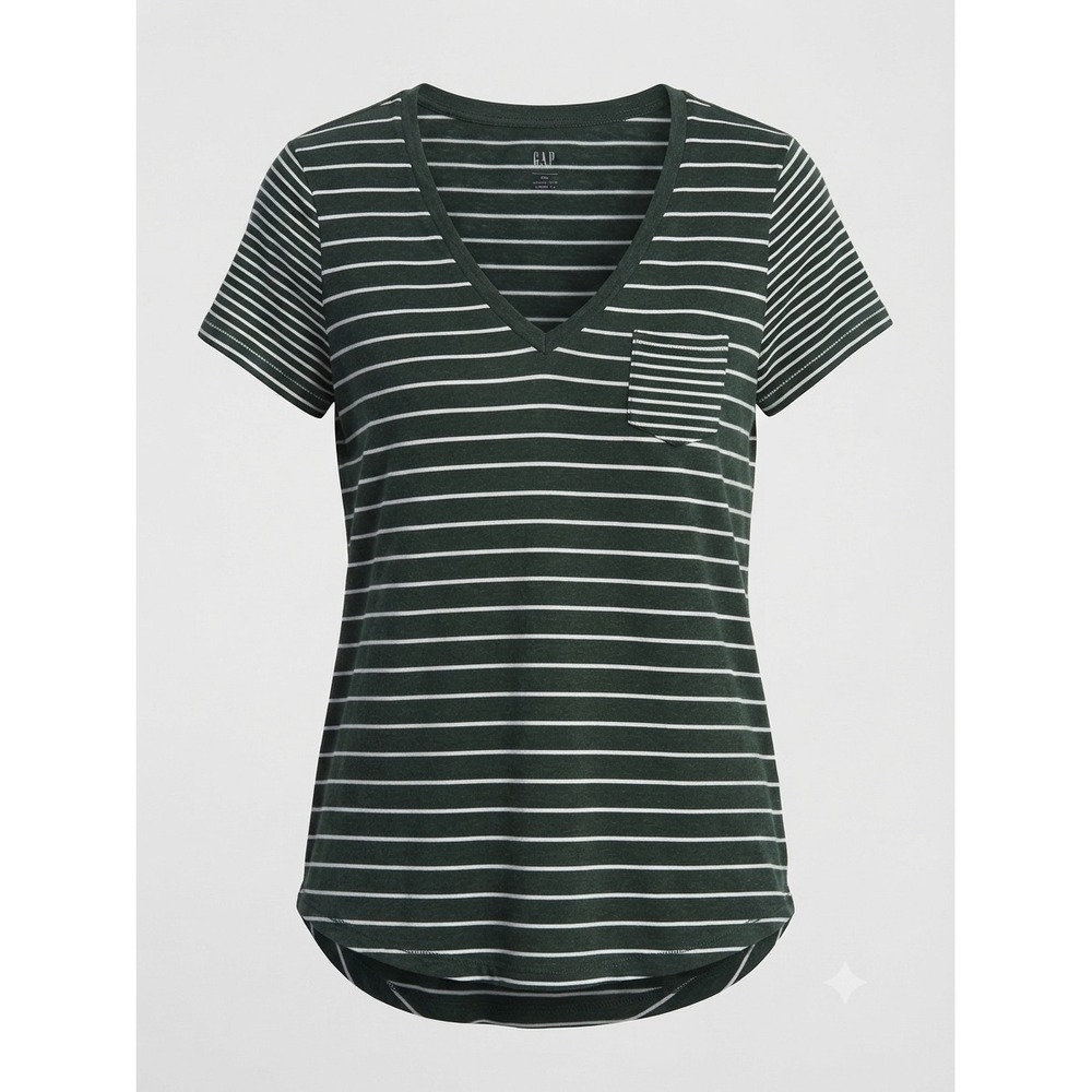 Gap Women Green White Striped V-Neck Pocket T-Shirt Vintage Wash Tee Size M